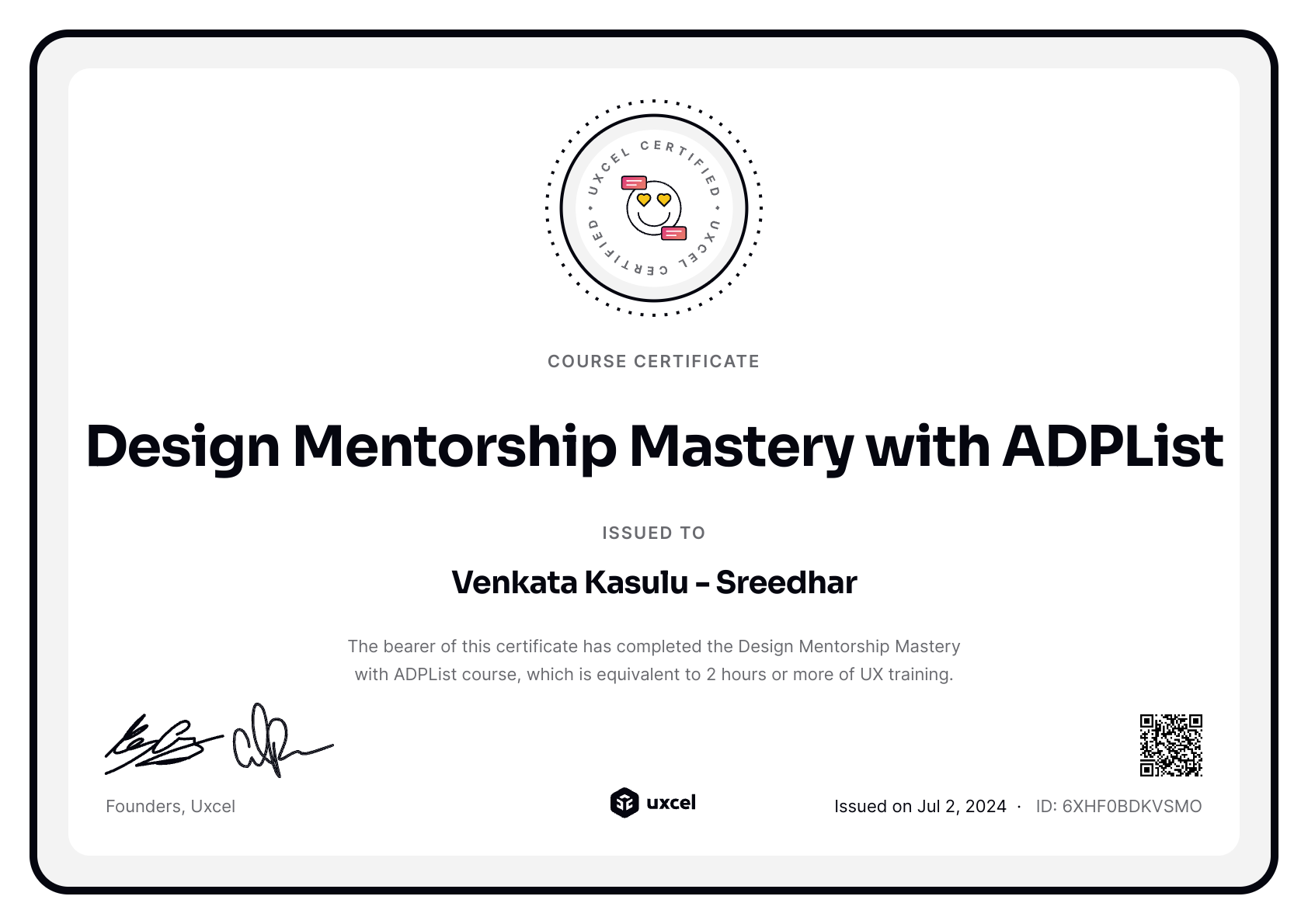 Venkata Kasulu - Sreedhar's certificate